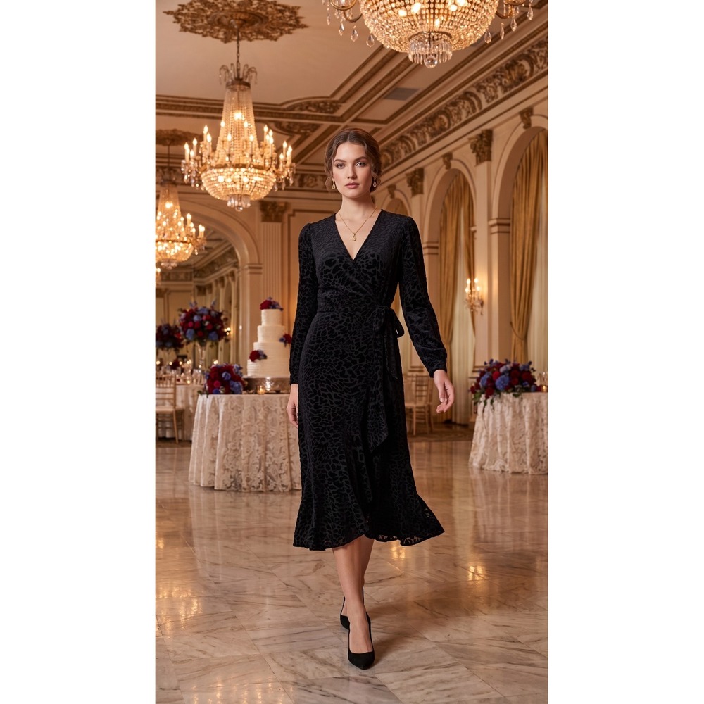 Calvin Klein Womens Black Burnout V-Neck Long Sleeve Wrap Dress 4 Animal Print